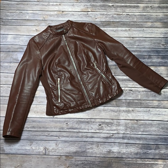 KENNETH COLE Brown Vegan Leather Moto Jacket with Silver Hardware M - Picture 6 of 10